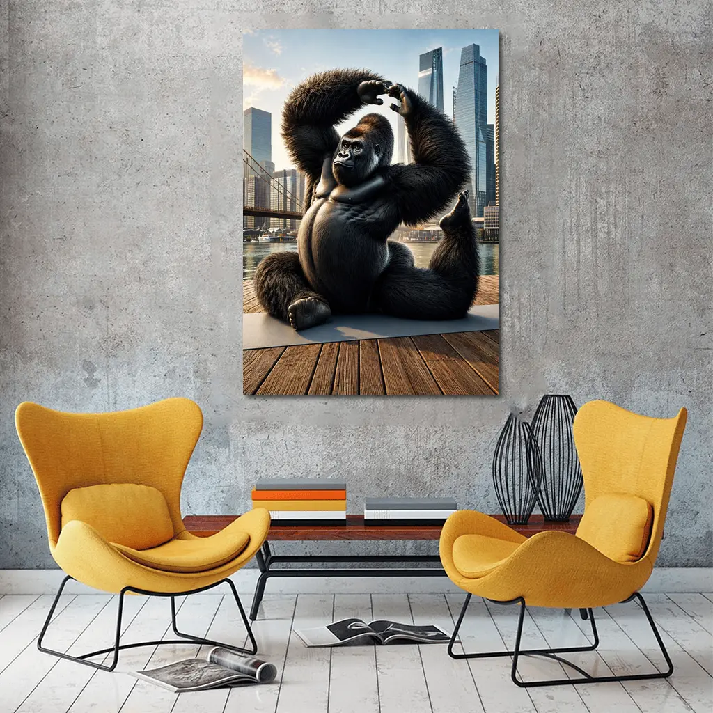 Gorilla Doing Yoga City Skyline – Wall Art