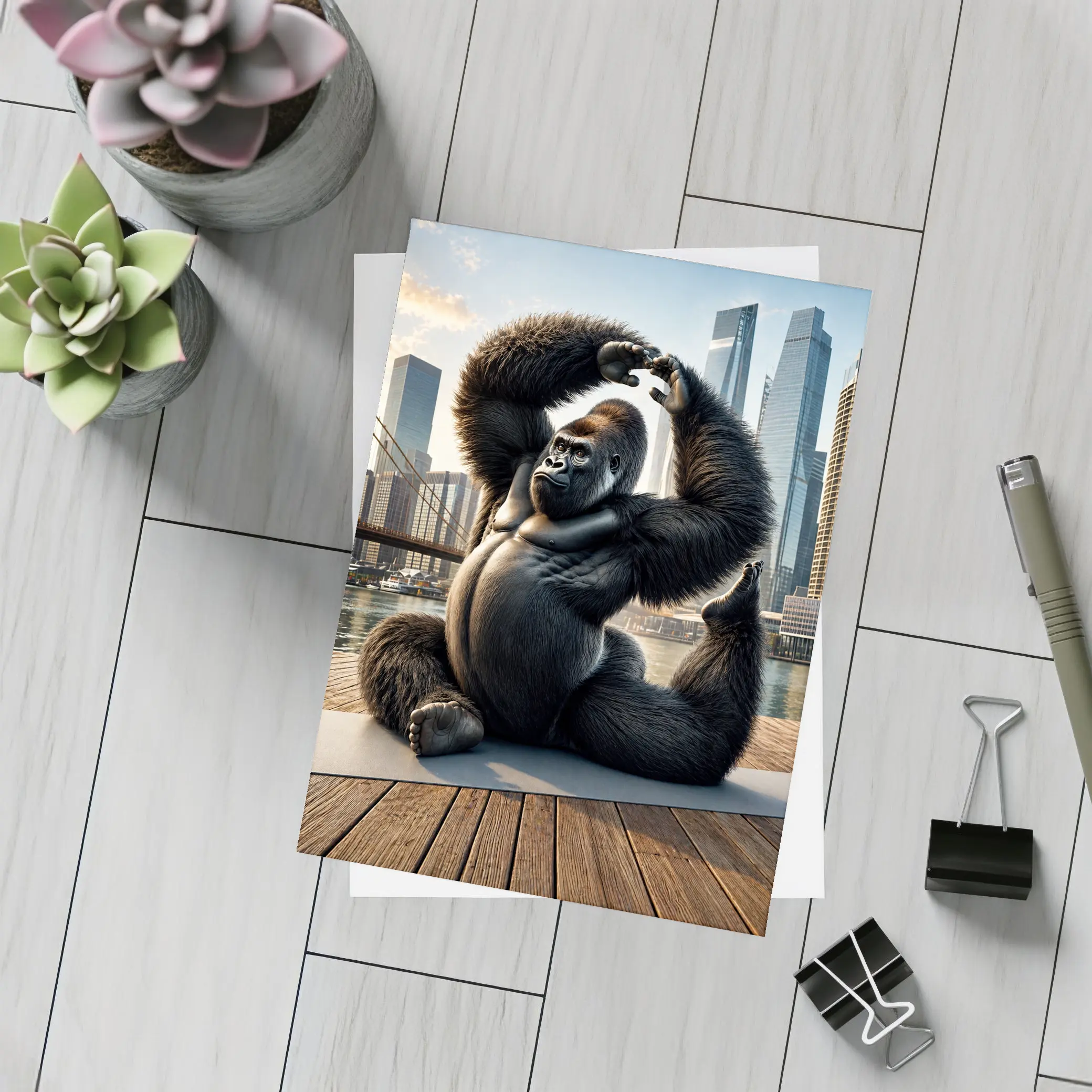 Gorilla Doing Yoga City Skyline – Postcards