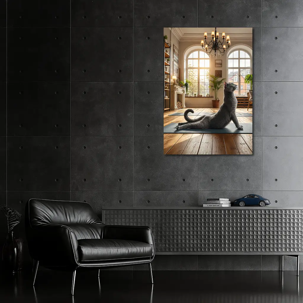 Russian Blue Cat Doing Yoga Bright Interior – Wall Art