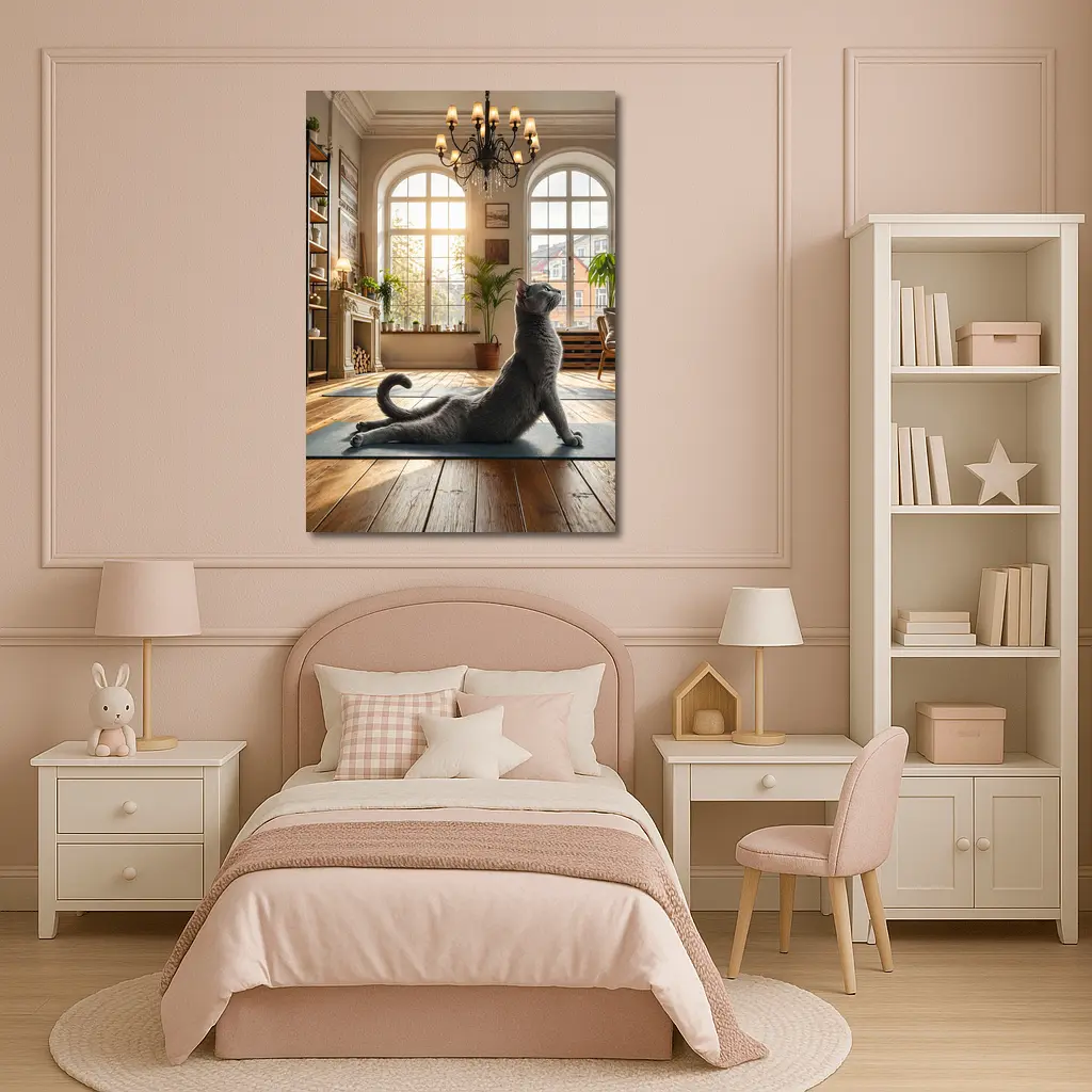 Russian Blue Cat Doing Yoga Bright Interior – Wall Art