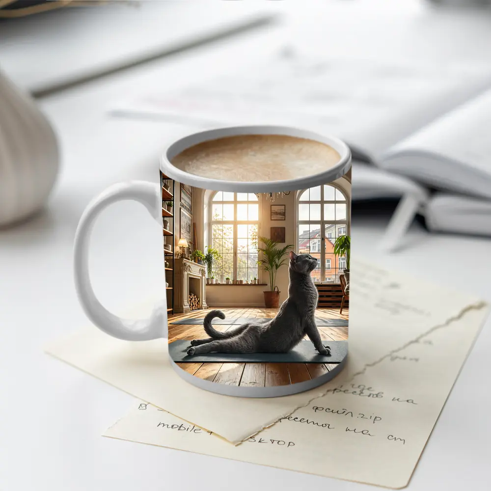 Russian Blue Cat Doing Yoga Bright Interior – Mugs
