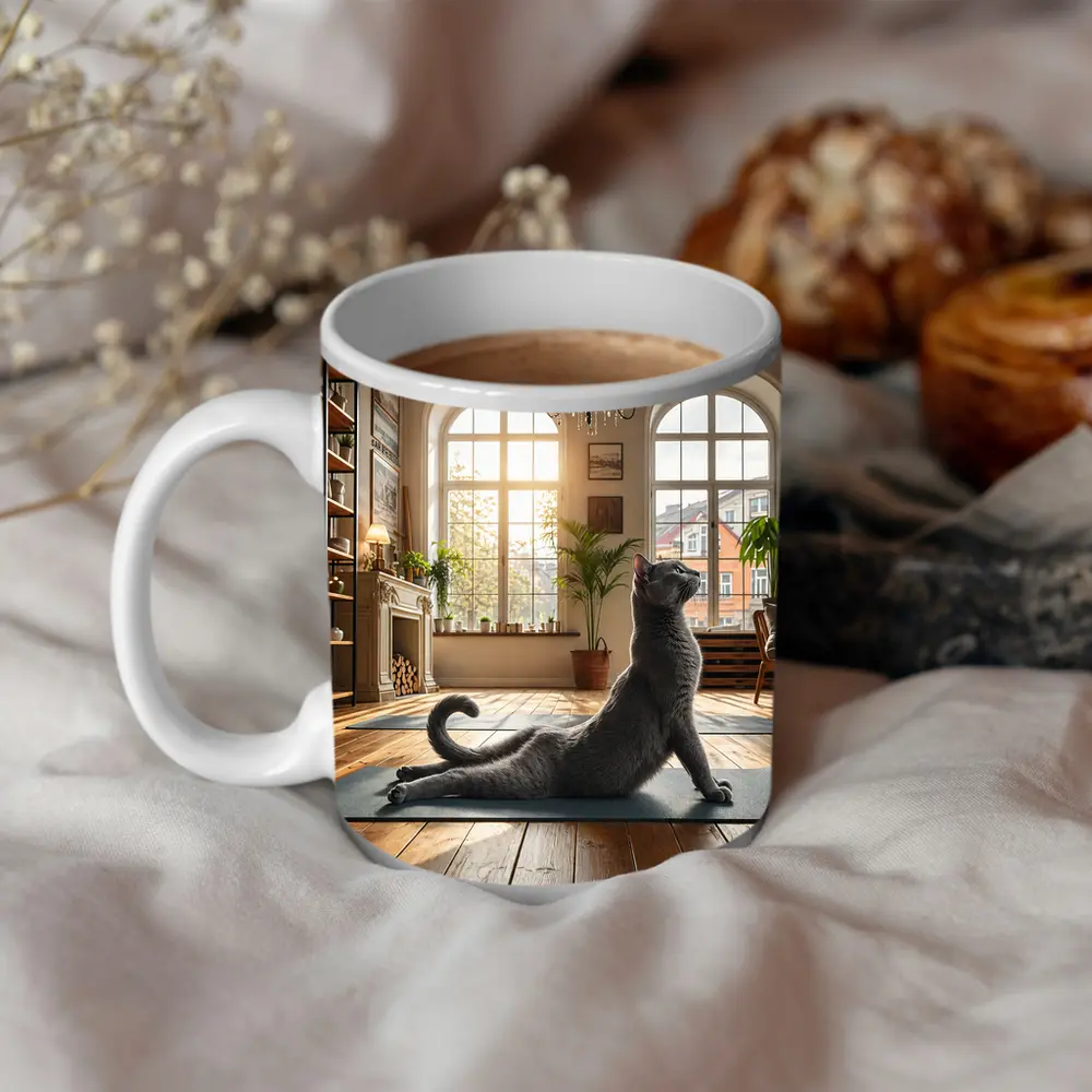 Russian Blue Cat Doing Yoga Bright Interior – Mugs