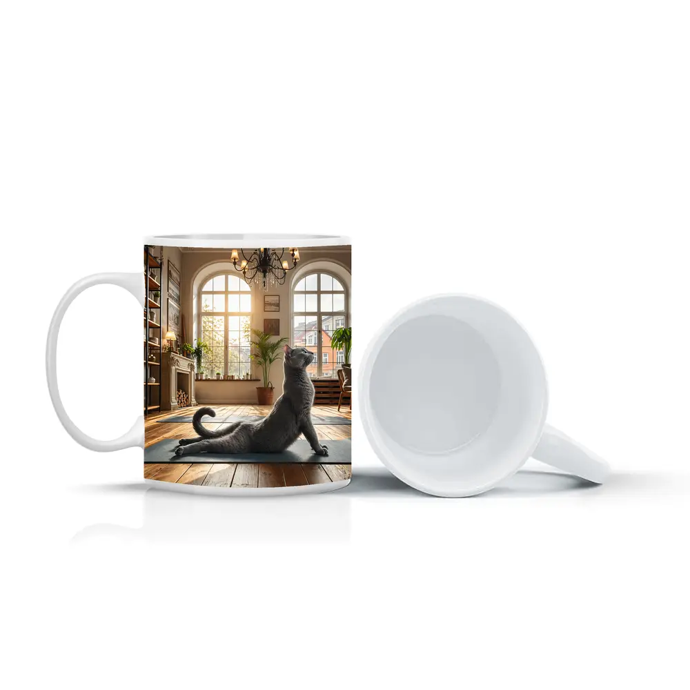 Russian Blue Cat Doing Yoga Bright Interior – Mugs