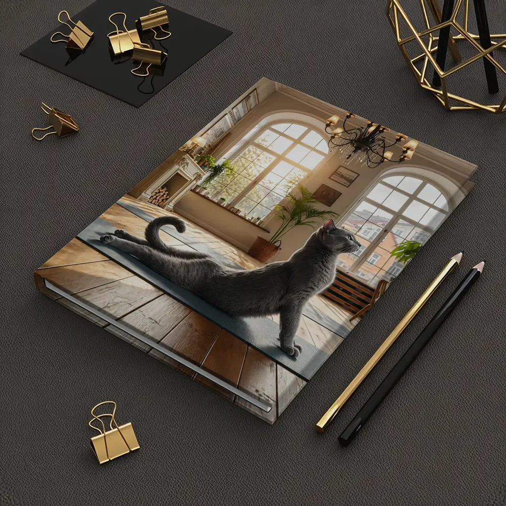 Russian Blue Cat Doing Yoga Bright Interior – Notebooks