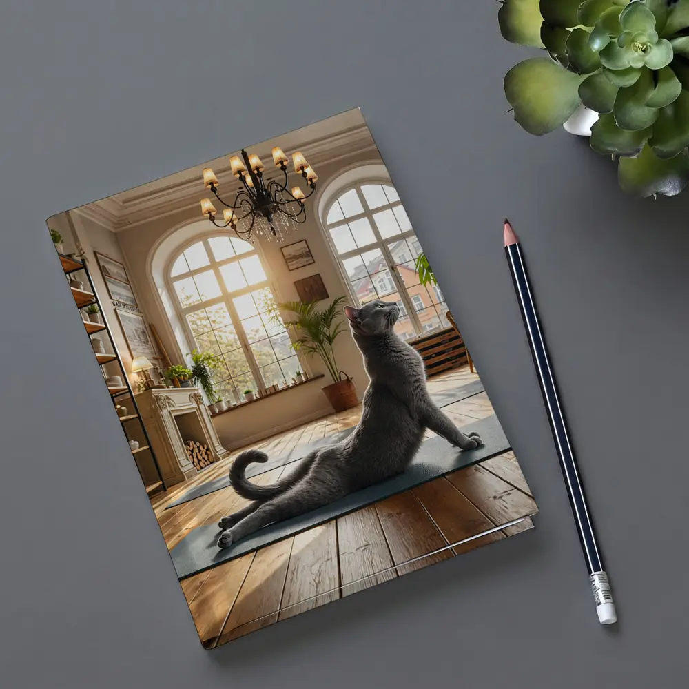 Russian Blue Cat Doing Yoga Bright Interior – Notebooks