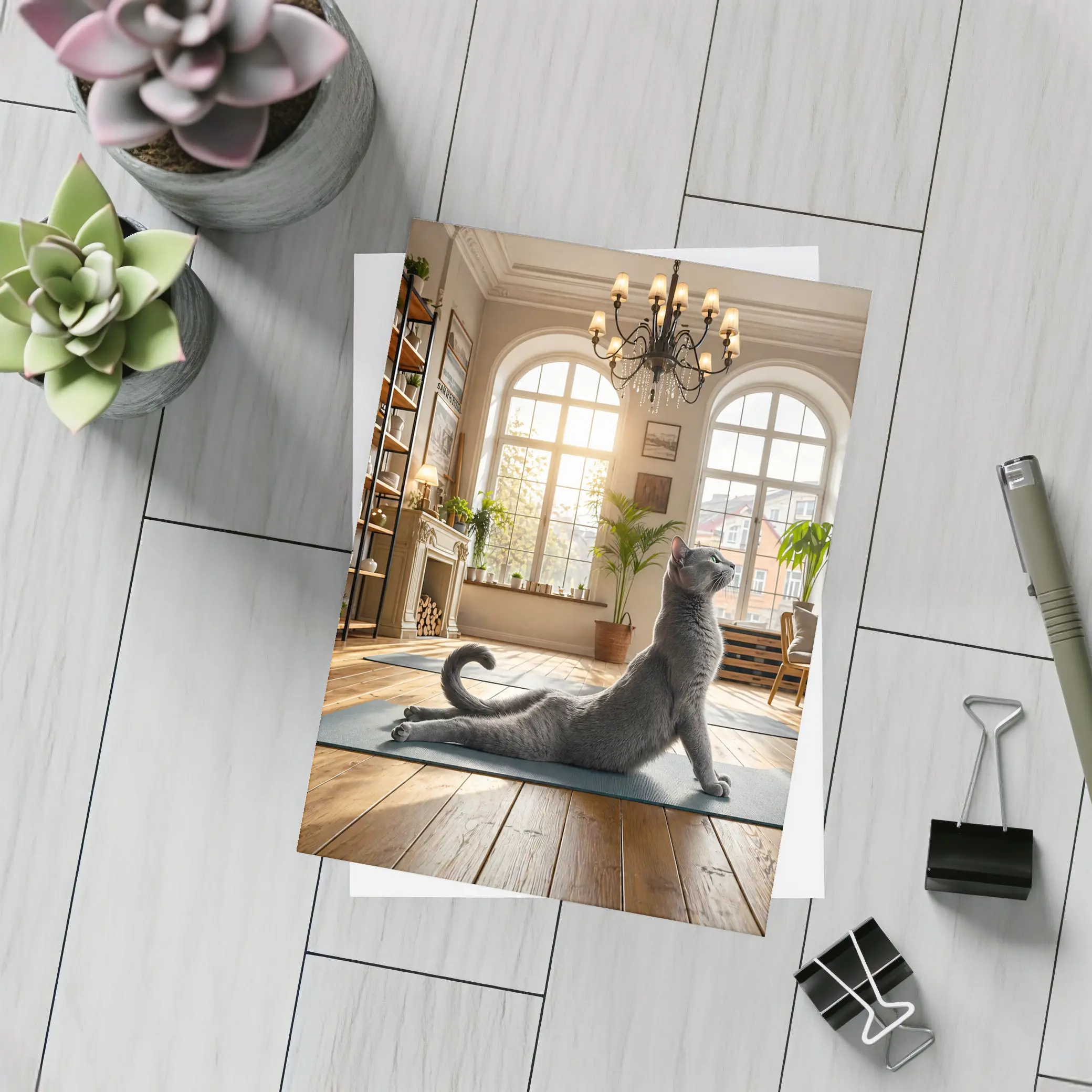 Russian Blue Cat Doing Yoga Bright Interior – Postcards