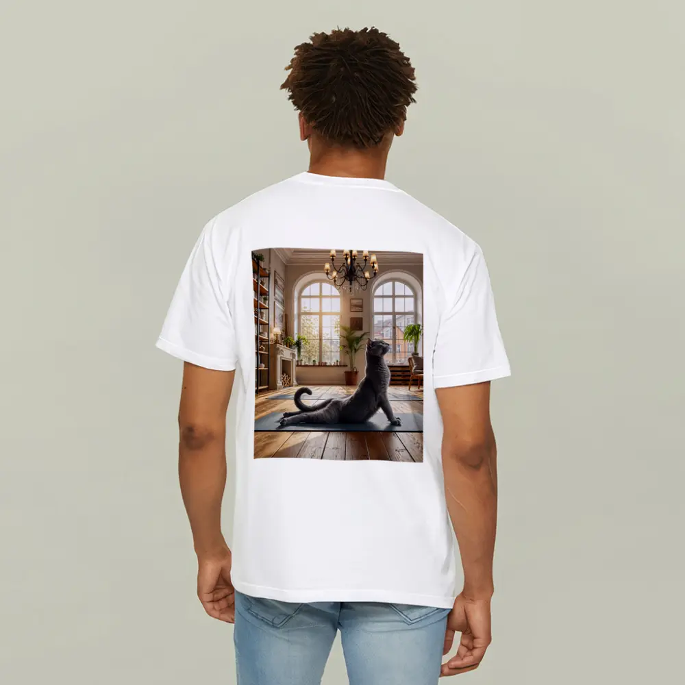 Russian Blue Cat Doing Yoga Bright Interior – T-Shirts