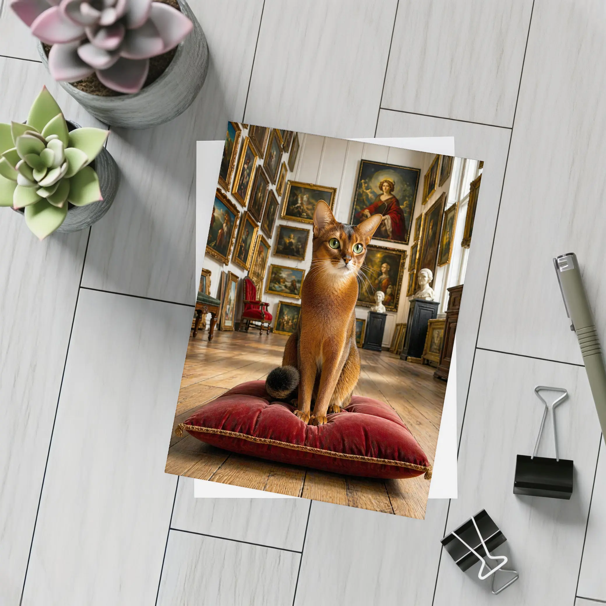 Abyssinian Cat Sitting in Classic Art Gallery – Postcards