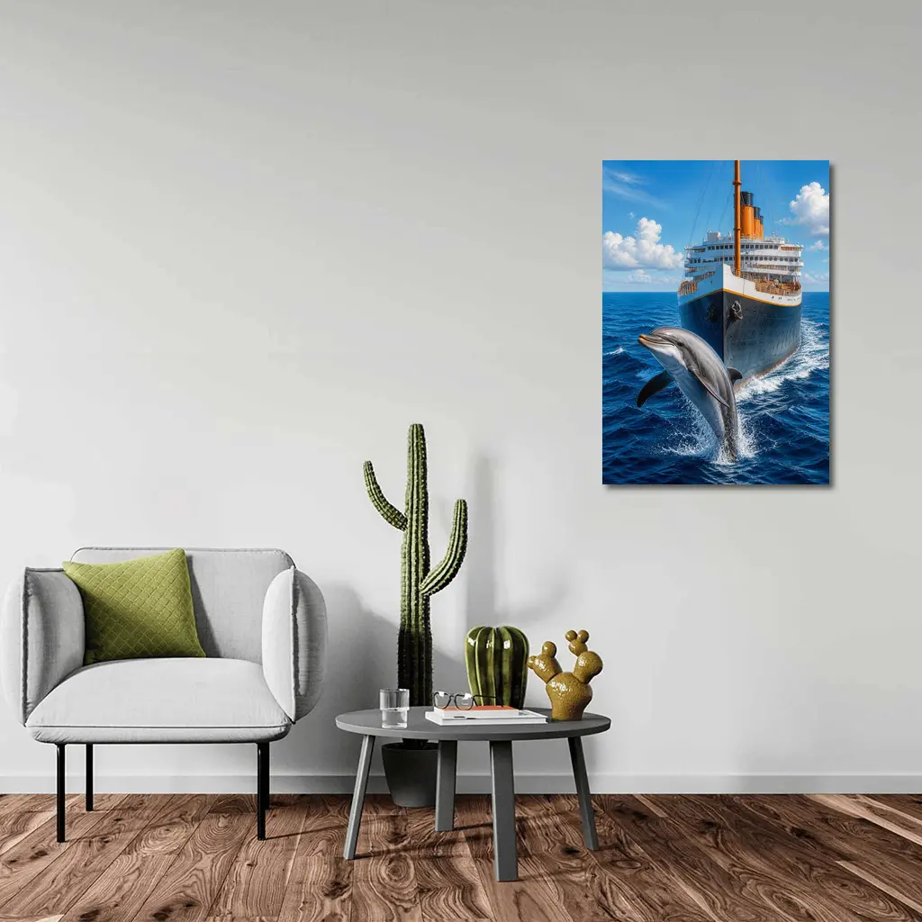 Dolphin Leaping Beside Classic Ocean Liner – Wall Art