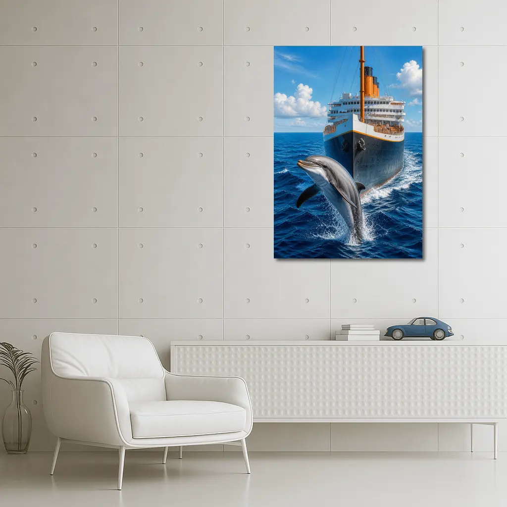 Dolphin Leaping Beside Classic Ocean Liner – Wall Art