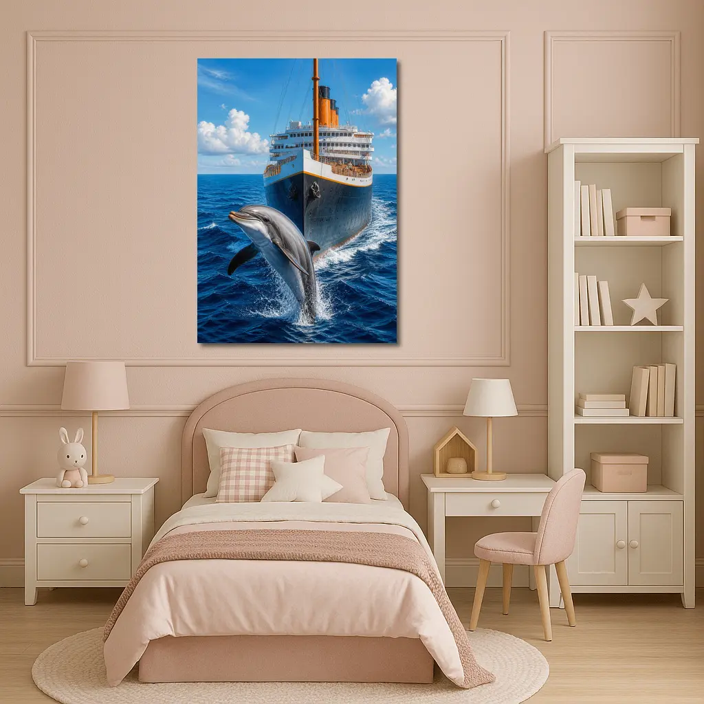 Dolphin Leaping Beside Classic Ocean Liner – Wall Art