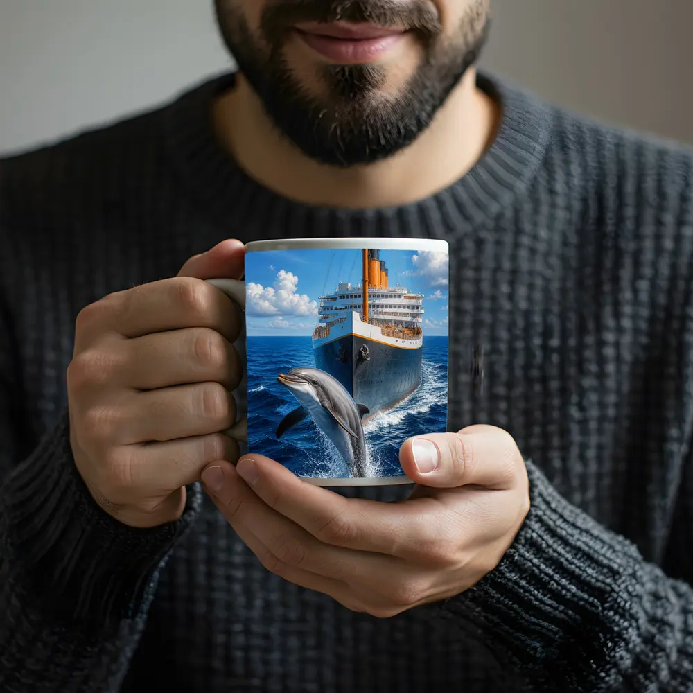 Dolphin Leaping Beside Classic Ocean Liner – Mugs
