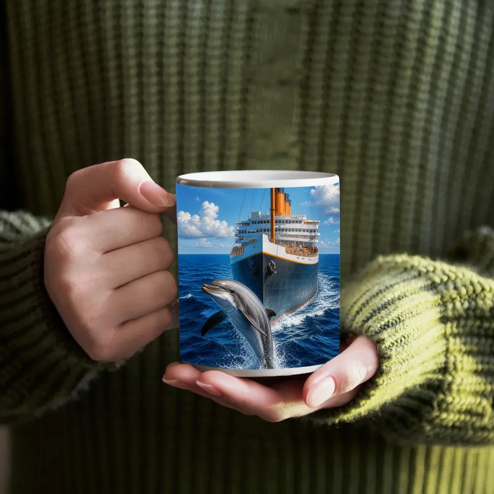 Dolphin Leaping Beside Classic Ocean Liner – Mugs