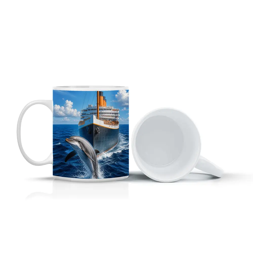 Dolphin Leaping Beside Classic Ocean Liner – Mugs