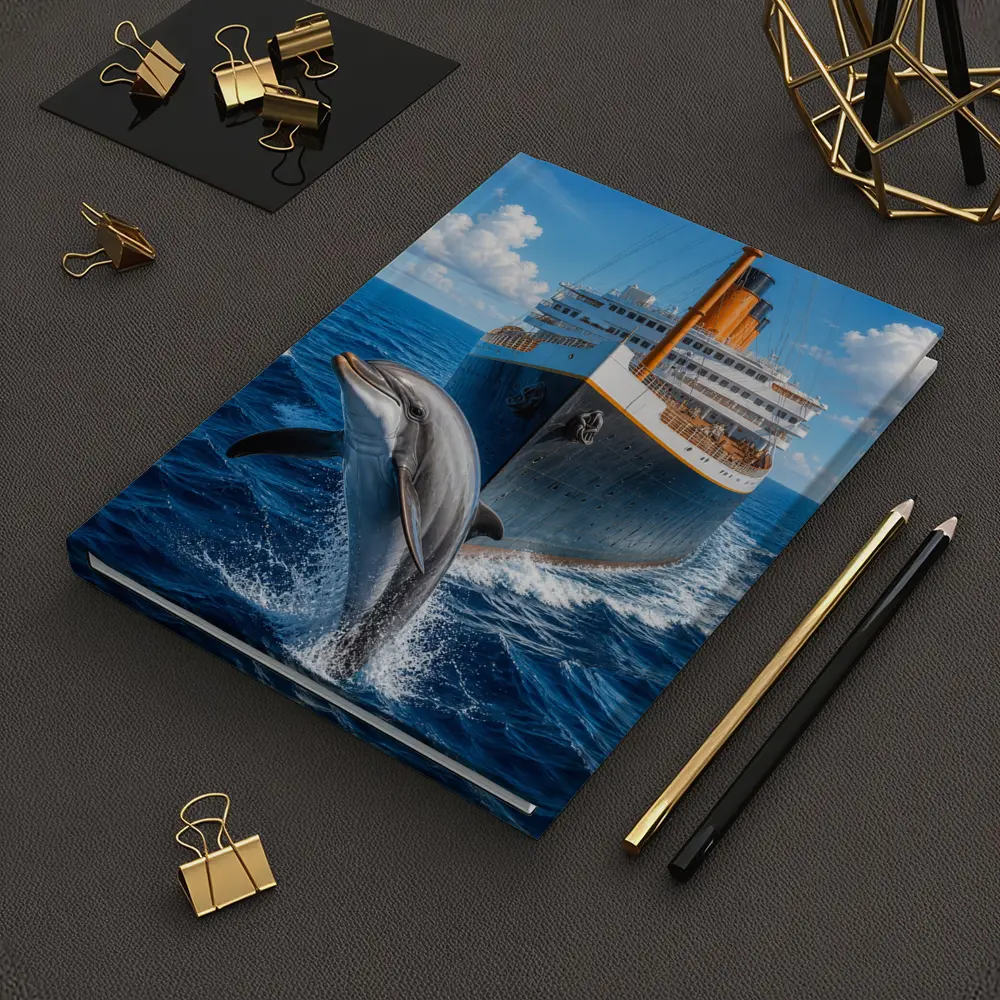 Dolphin Leaping Beside Classic Ocean Liner – Notebooks