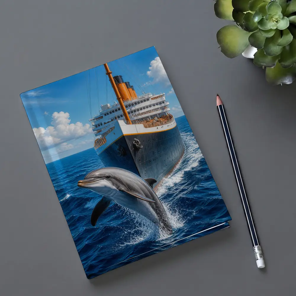 Dolphin Leaping Beside Classic Ocean Liner – Notebooks
