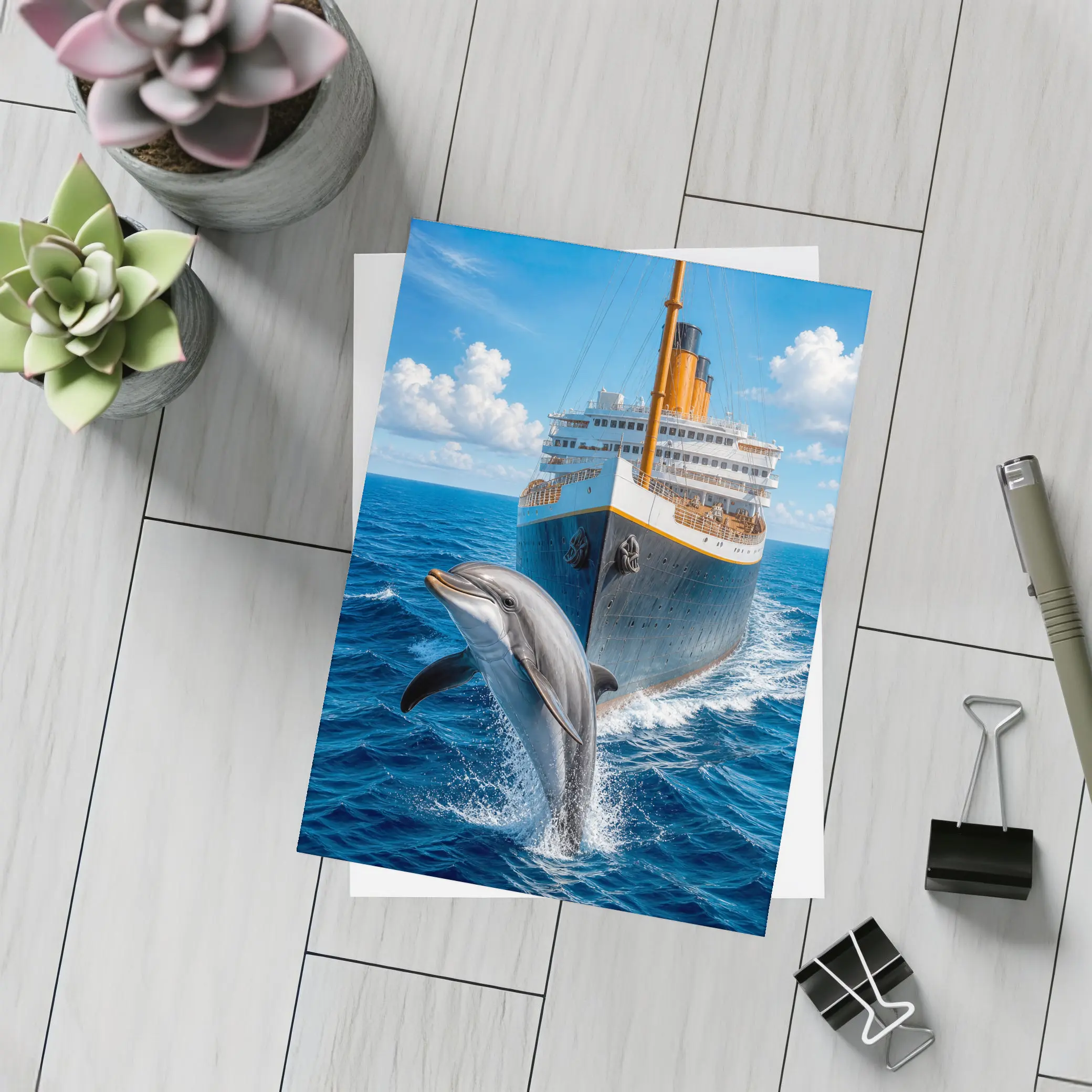 Dolphin Leaping Beside Classic Ocean Liner – Postcards