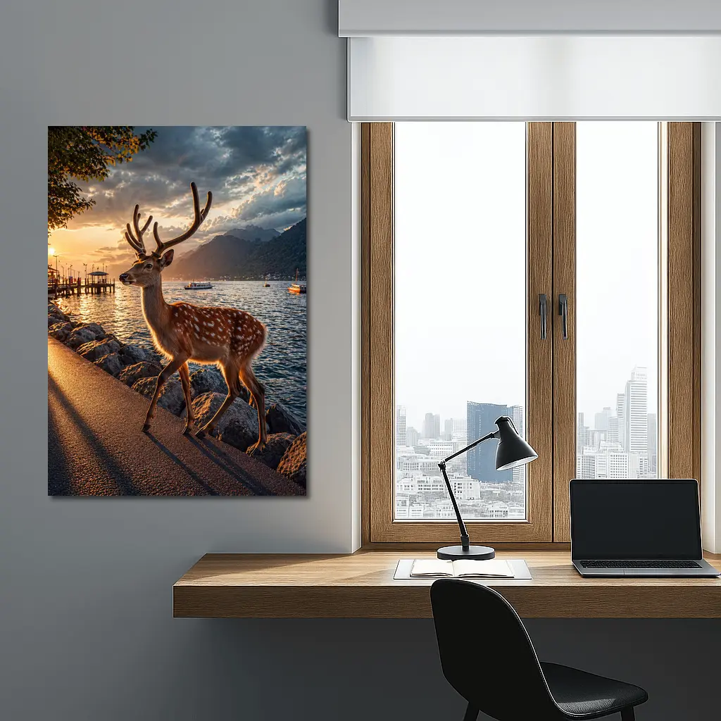 Spotted Deer Stag by Sunset Lake Shore – Wall Art
