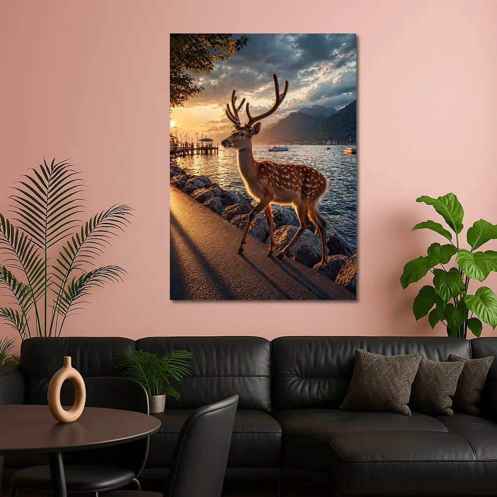 Spotted Deer Stag by Sunset Lake Shore – Wall Art