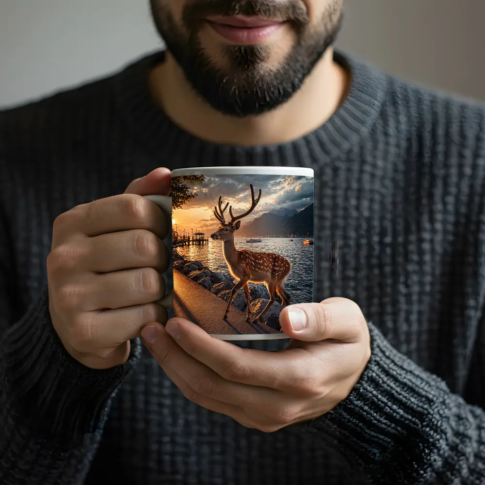 Spotted Deer Stag by Sunset Lake Shore – Mugs