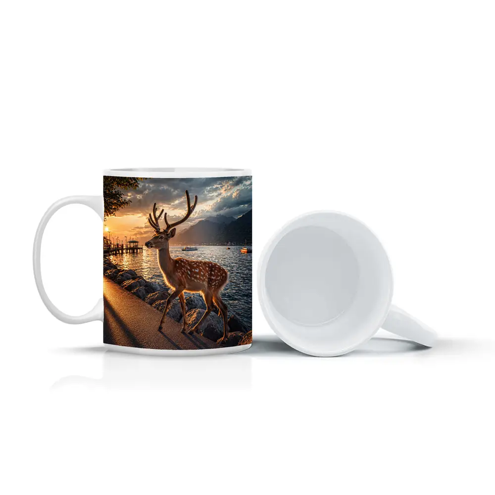 Spotted Deer Stag by Sunset Lake Shore – Mugs