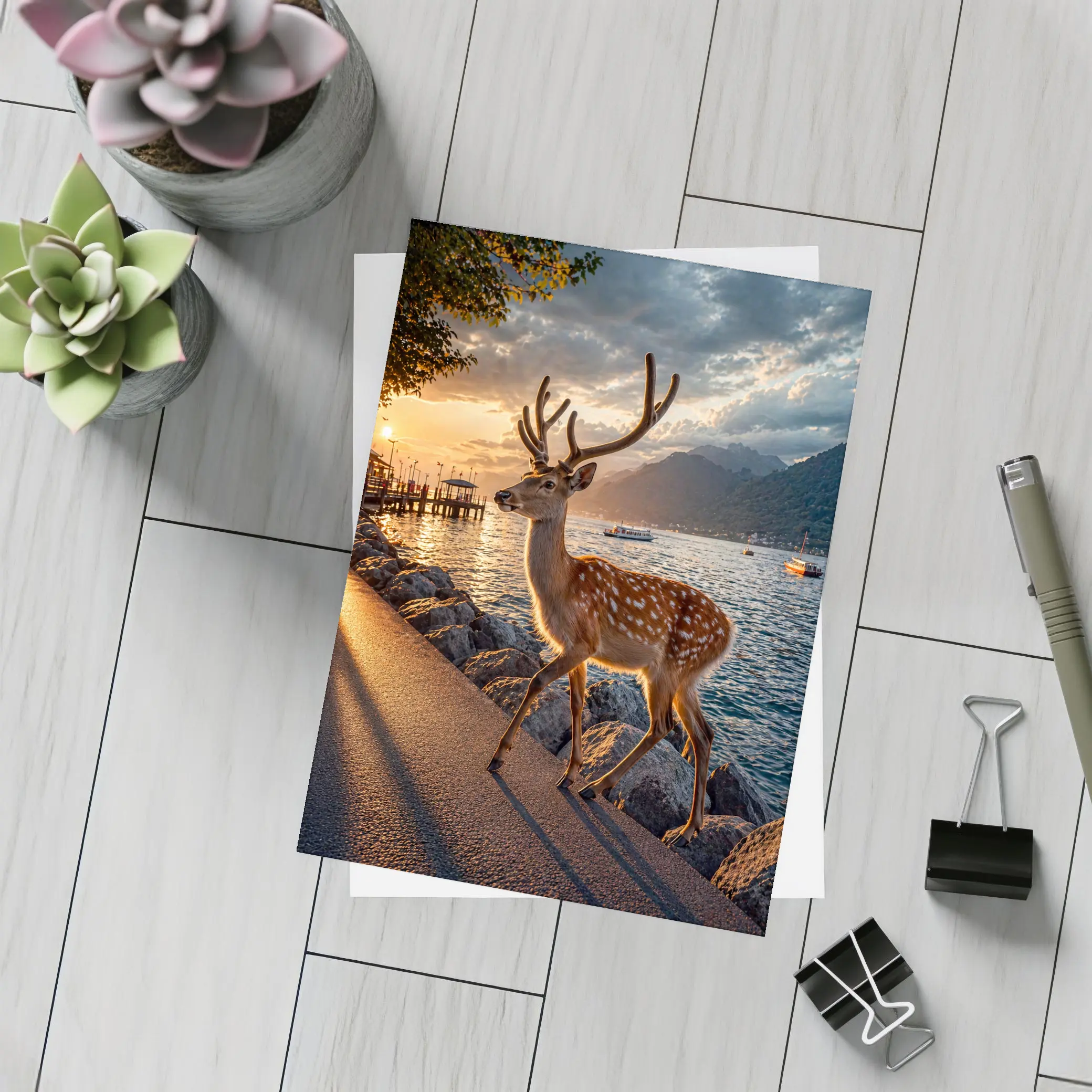Spotted Deer Stag by Sunset Lake Shore – Postcards