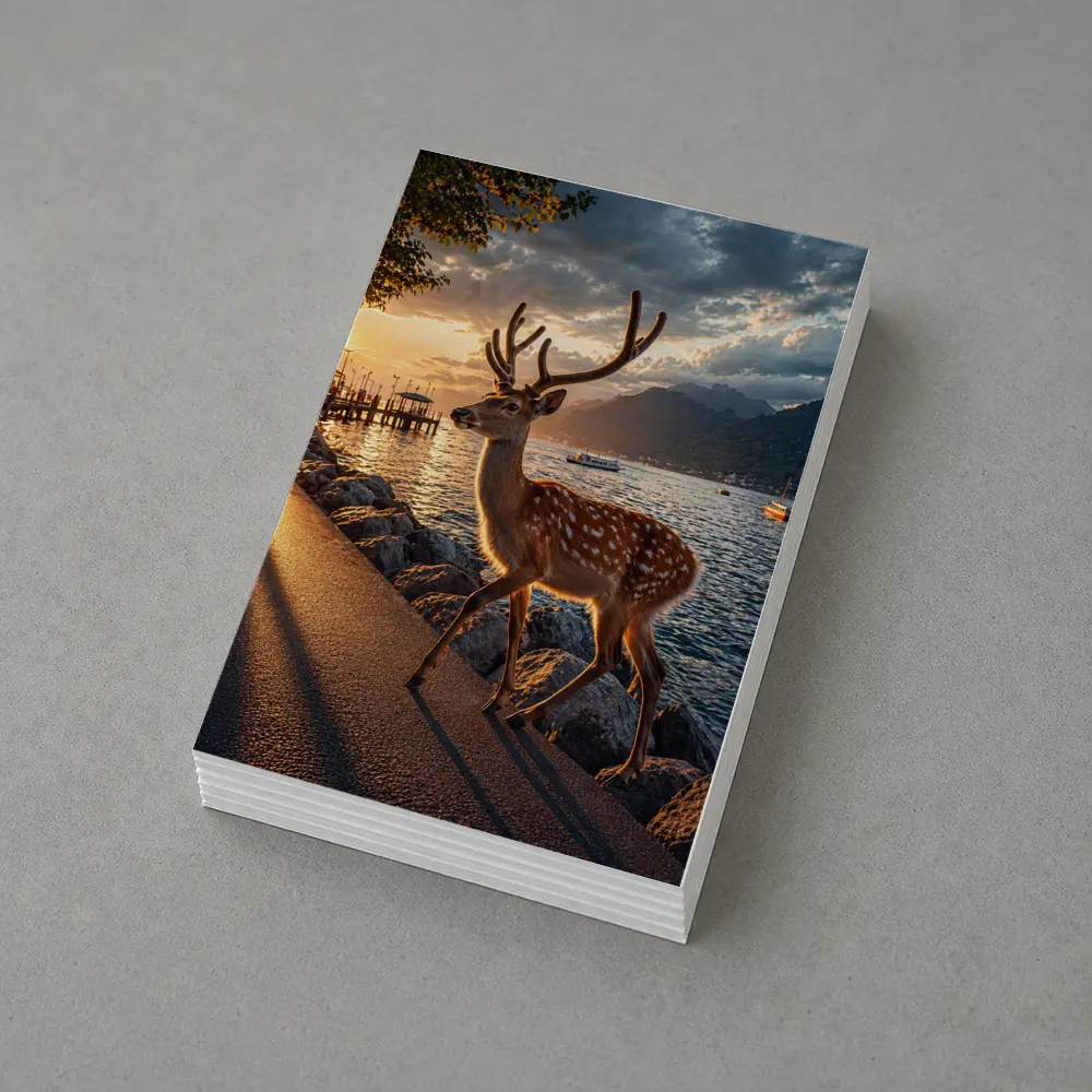 Spotted Deer Stag by Sunset Lake Shore – Postcards
