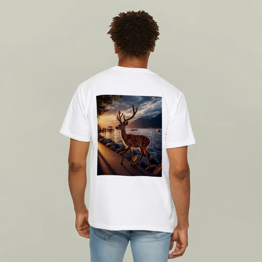Spotted Deer Stag by Sunset Lake Shore – T-Shirts