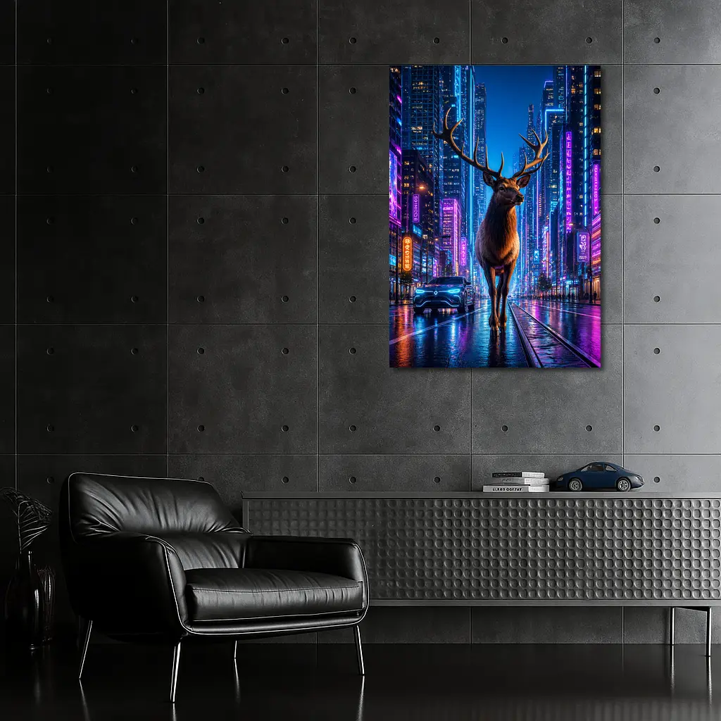 Elk Standing in Neon Cyberpunk City Night – Wall Art