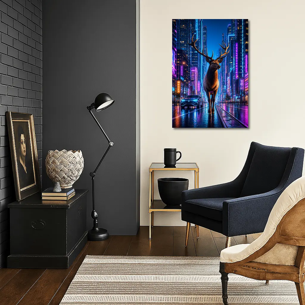 Elk Standing in Neon Cyberpunk City Night – Wall Art