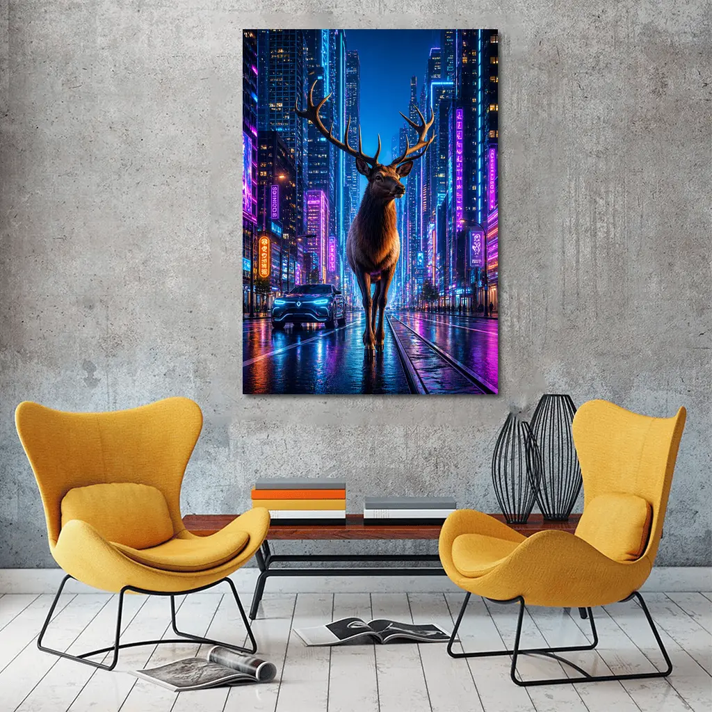 Elk Standing in Neon Cyberpunk City Night – Wall Art