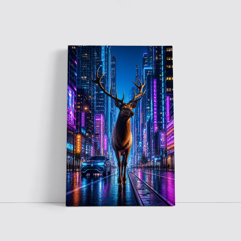 Elk Standing in Neon Cyberpunk City Night – Wall Art