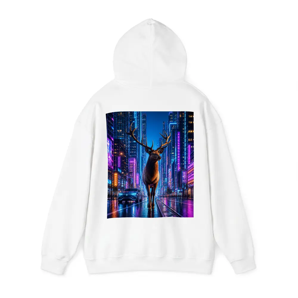 Elk Standing in Neon Cyberpunk City Night – Hoodies