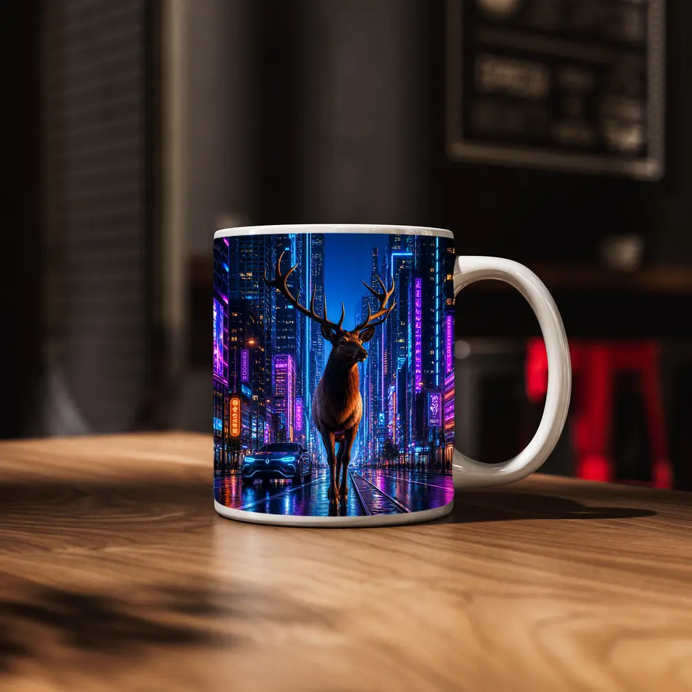 Elk Standing in Neon Cyberpunk City Night – Mugs