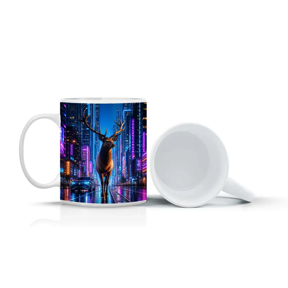 Elk Standing in Neon Cyberpunk City Night – Mugs
