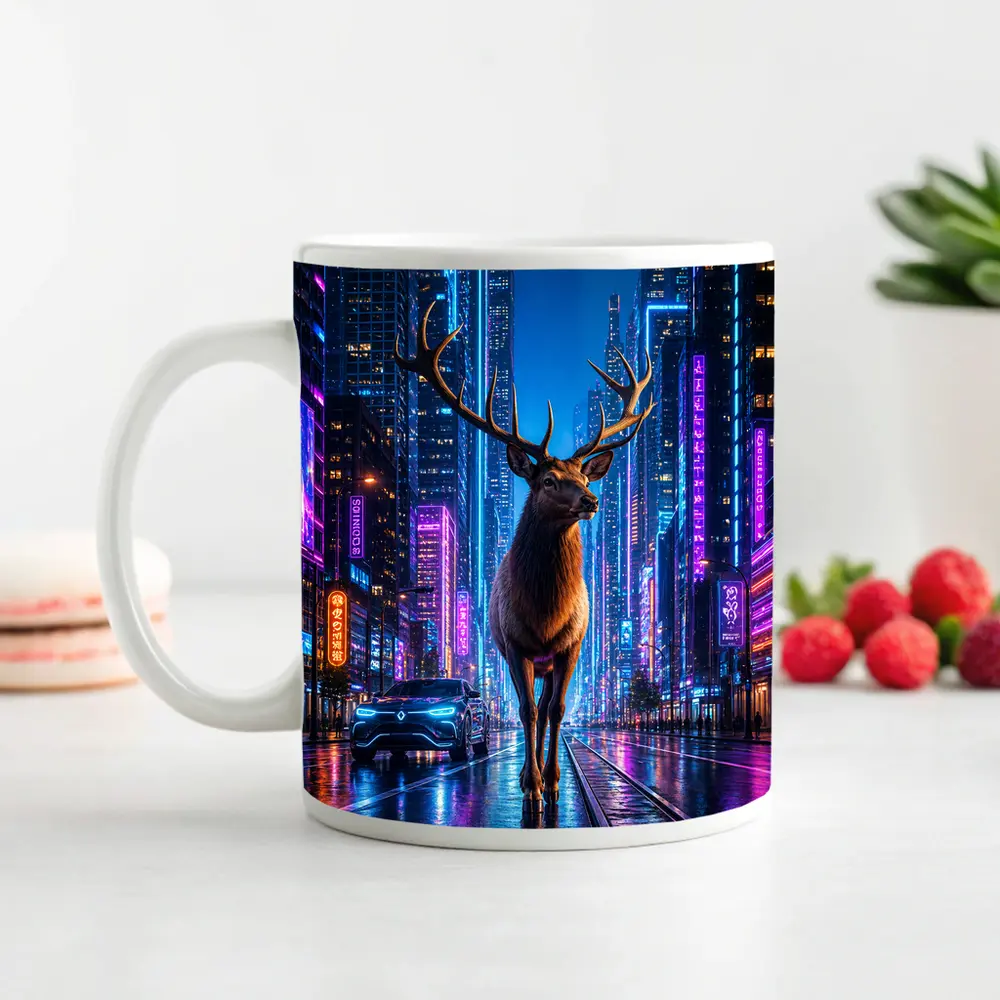 Elk Standing in Neon Cyberpunk City Night – Mugs