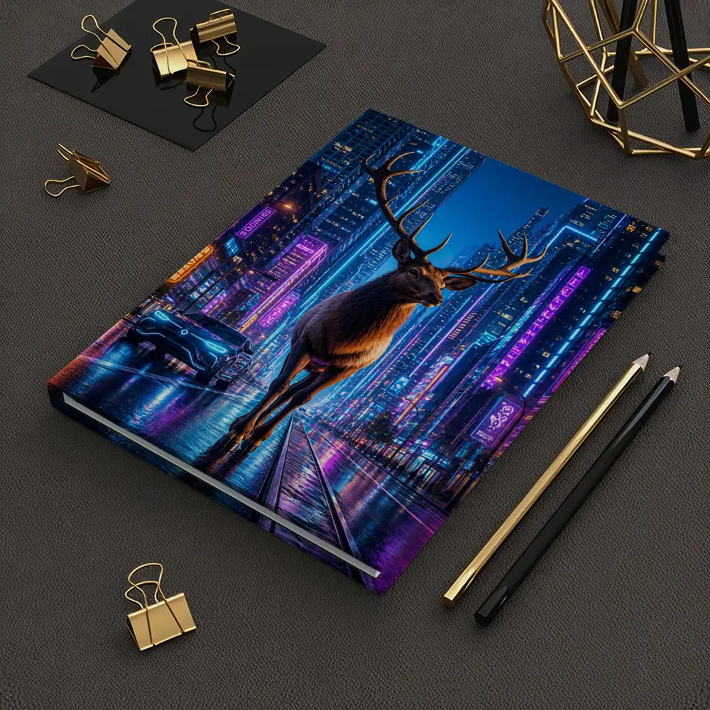 Elk Standing in Neon Cyberpunk City Night – Notebooks