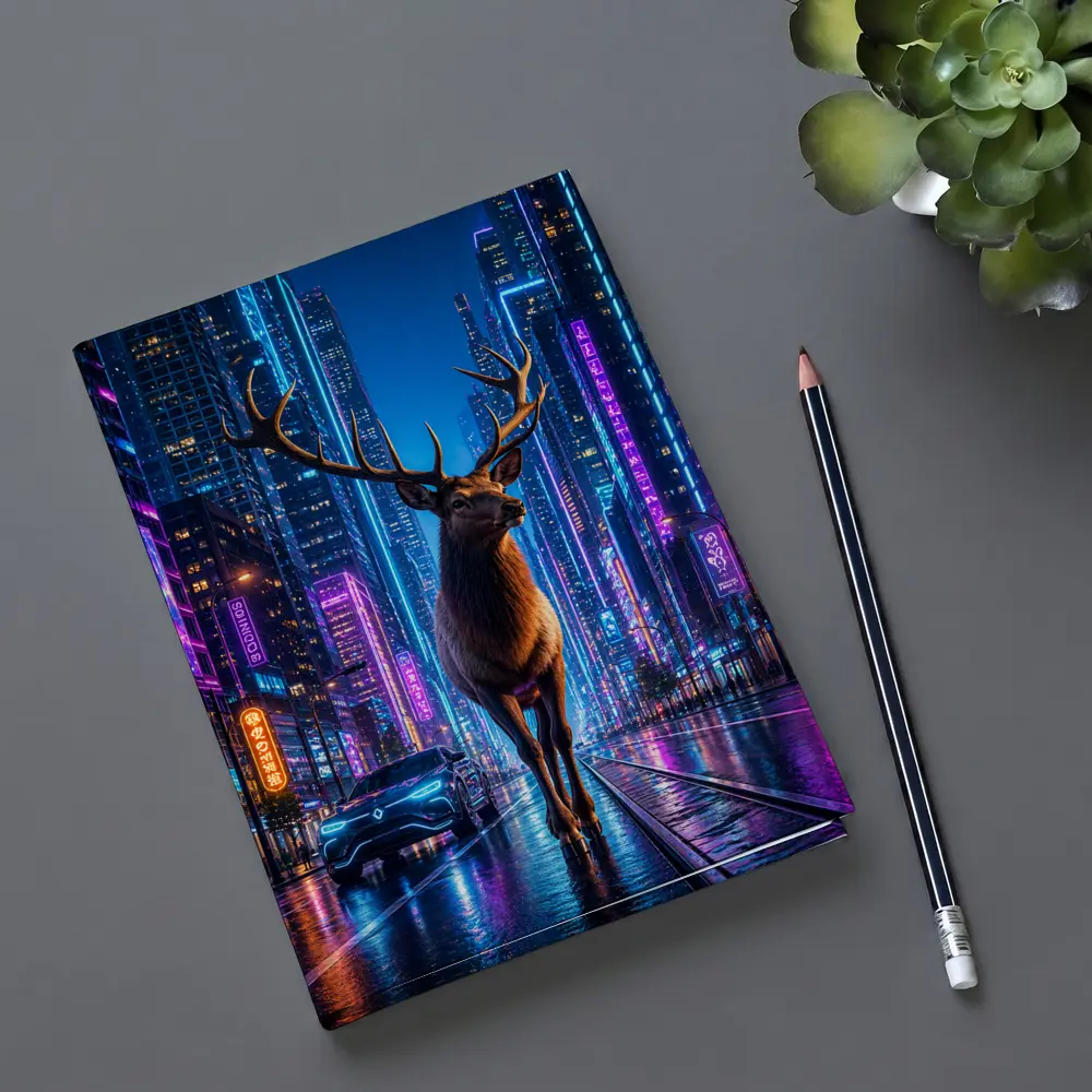 Elk Standing in Neon Cyberpunk City Night – Notebooks
