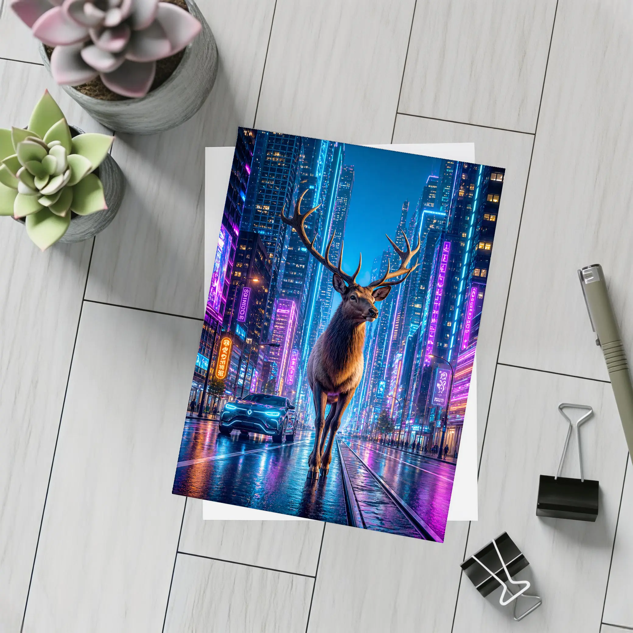 Elk Standing in Neon Cyberpunk City Night – Postcards