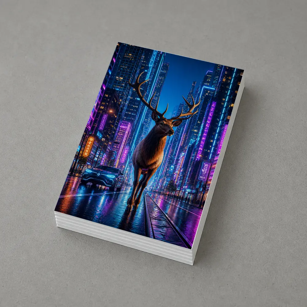 Elk Standing in Neon Cyberpunk City Night – Postcards