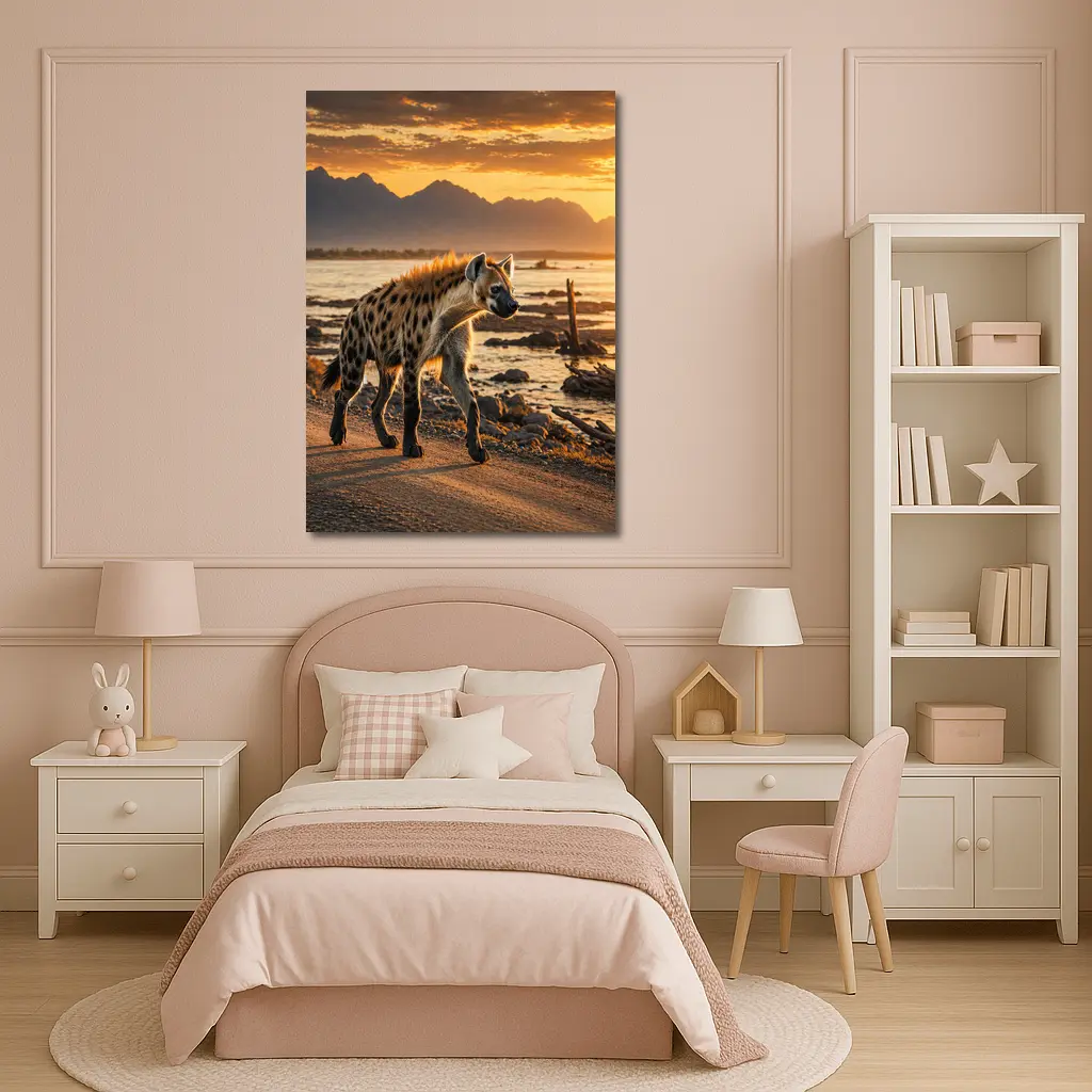 Spotted Hyena Walking At Golden Sunset – Wall Art