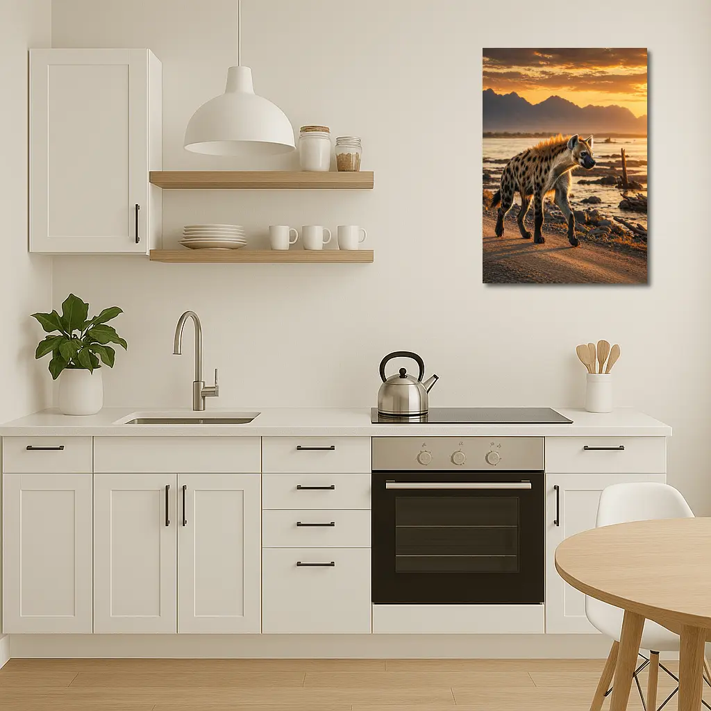 Spotted Hyena Walking At Golden Sunset – Wall Art