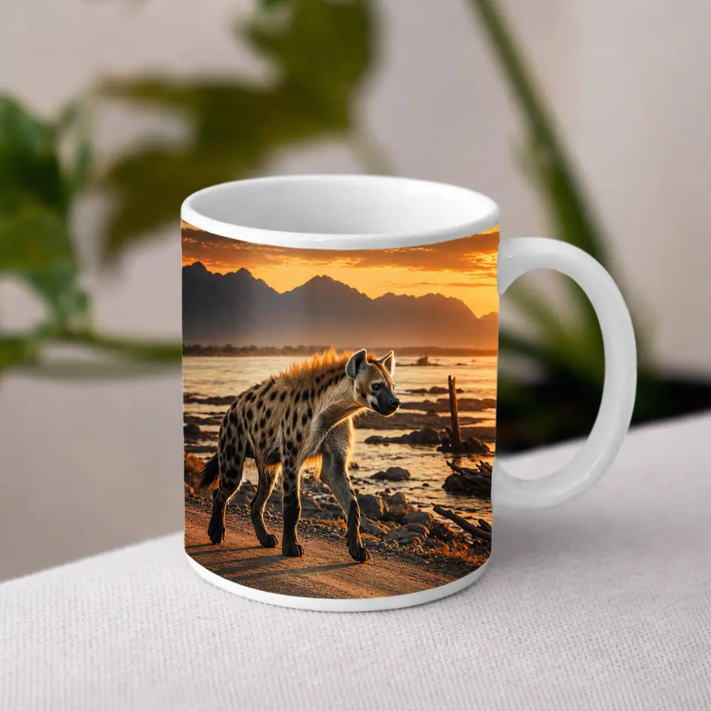 Spotted Hyena Walking At Golden Sunset – Mugs