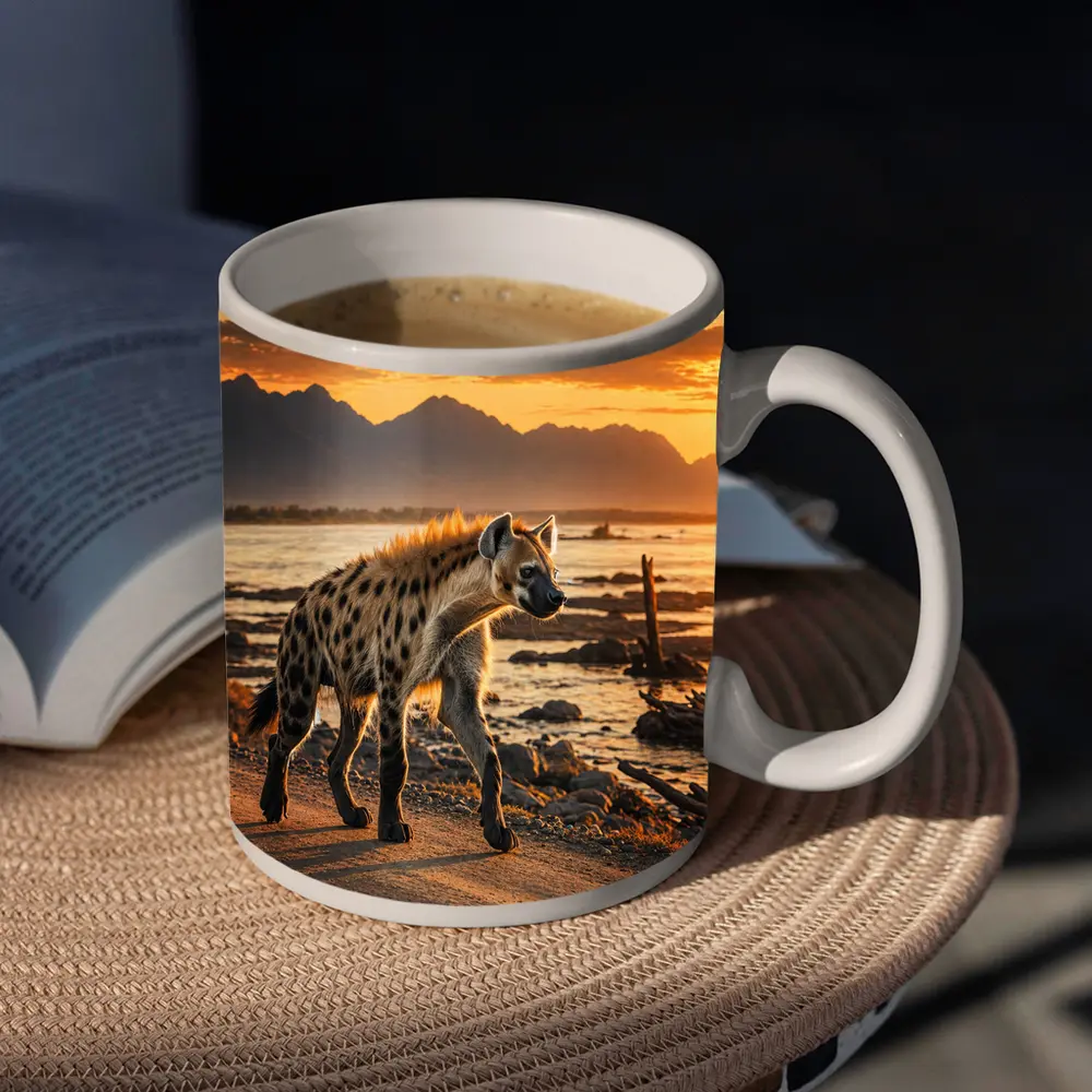 Spotted Hyena Walking At Golden Sunset – Mugs