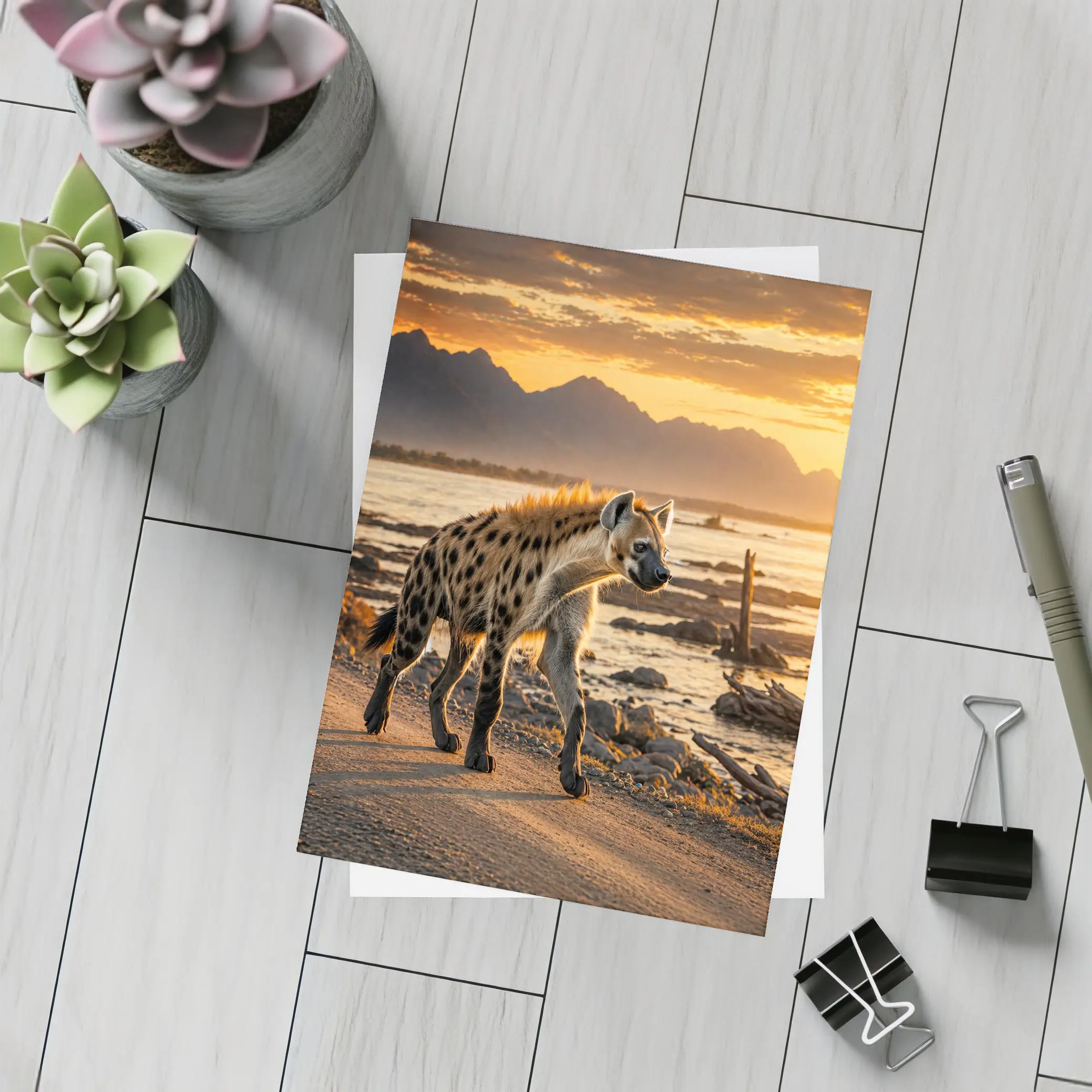 Spotted Hyena Walking At Golden Sunset – Postcards