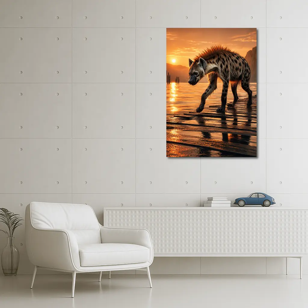 Spotted Hyena Walking at Glowing Sunset – Wall Art