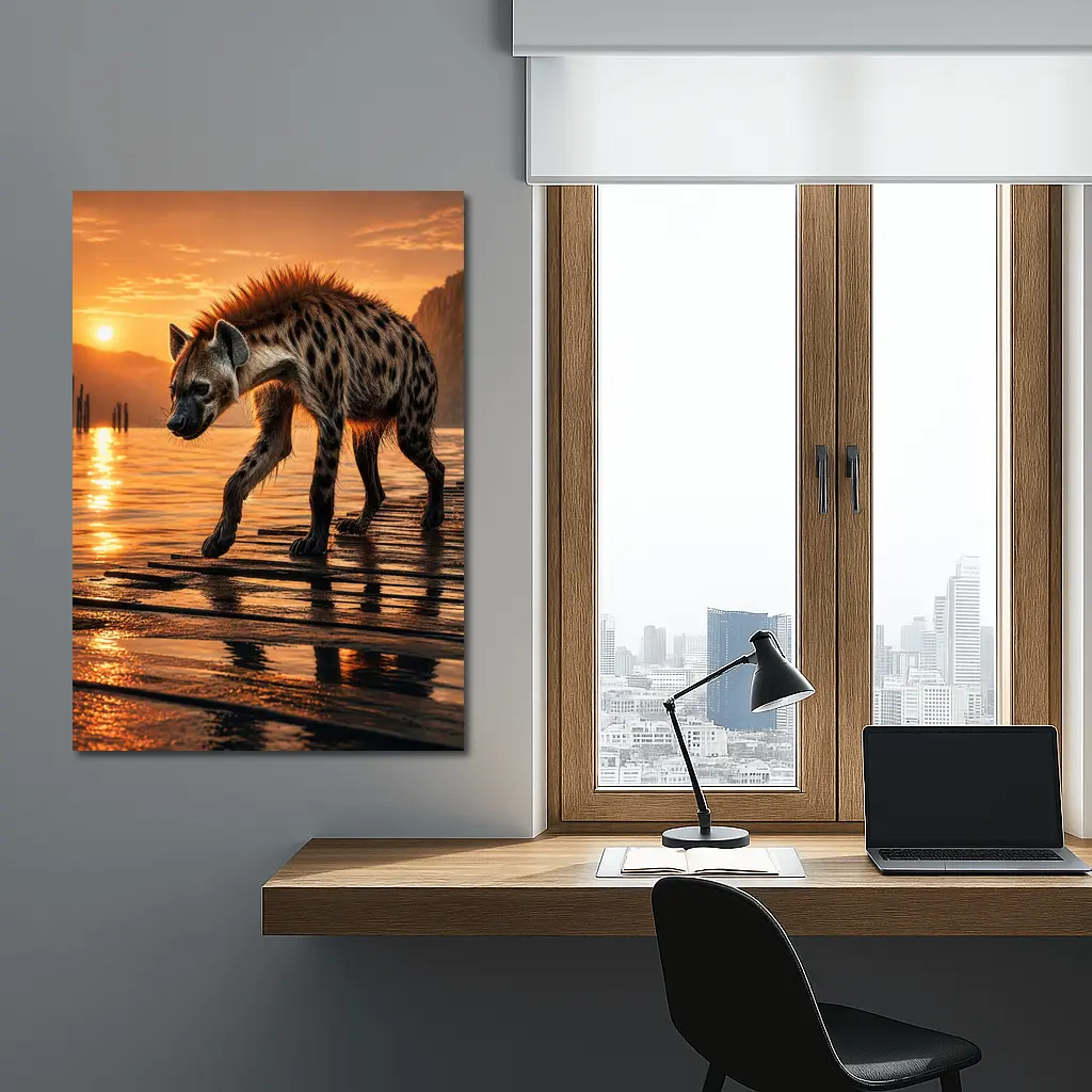 Spotted Hyena Walking at Glowing Sunset – Wall Art