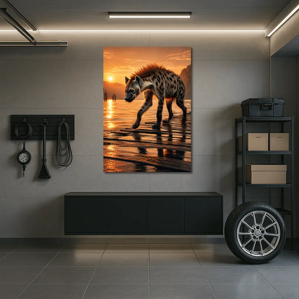 Spotted Hyena Walking at Glowing Sunset – Wall Art