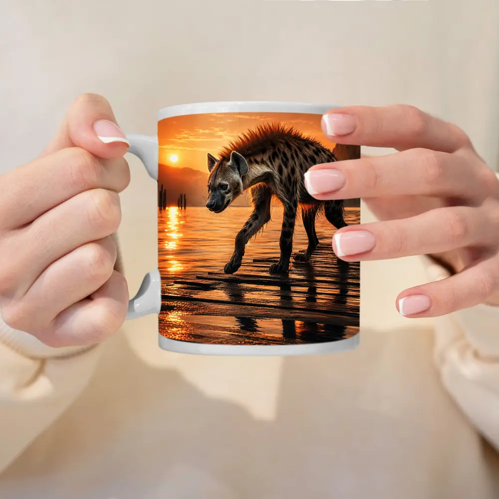 Spotted Hyena Walking at Glowing Sunset – Mugs