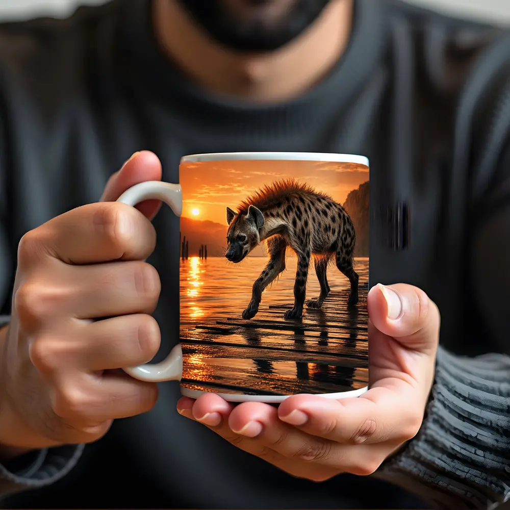 Spotted Hyena Walking at Glowing Sunset – Mugs